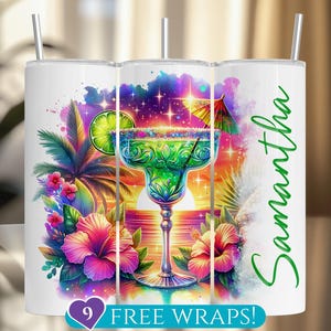 Personalized Margarita Tumbler Wrap, Tropical Add Name 20 Oz Skinny Tumbler Sublimation PNG, Custom Beach Cocktail Summer Digital Download image 1