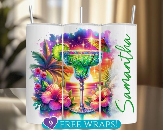 Personalized Margarita Tumbler Wrap, Tropical Add Name 20 Oz Skinny Tumbler Sublimation PNG, Custom Beach Cocktail Summer Digital Download