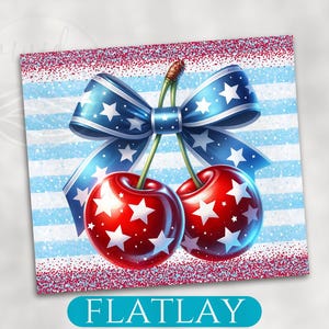 Patriotic Cherries Art Print, Red White Blue Stars Stripes, American Flag Colors, Fourth of July Decor, Festive Wall Art