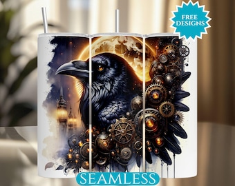 Raven Steampunk Tumbler Wrap, Seamless 20 Oz Skinny Tumbler Sublimation Design, Digital Download, Full Moon Raven PNG, Crow Tumbler Wrap