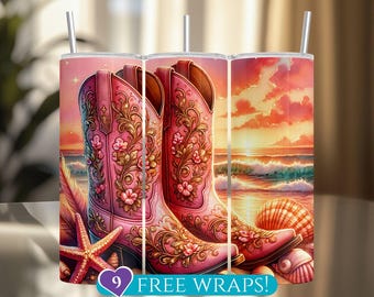 May include: A tumbler showcases pink cowboy boots with floral and scrollwork patterns. The background depicts a beach scene with a sunset, seashells, and a starfish. The text "9 FREE WRAPS!" is visible.