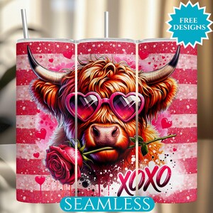 Highland Kuh Valentinstag Tumbler Wrap, 20 Unze Skinny Tumbler, Nahtlose Tumbler Sublimation, XOXO Tumbler, digitaler Download, Valentine PNG