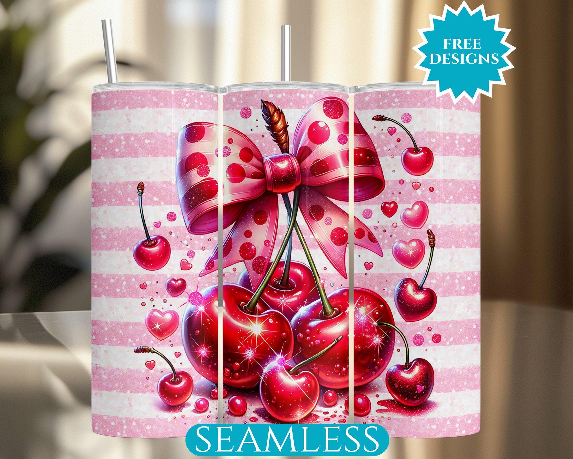Cherry Bow Tumbler Wrap, 20Oz Skinny Tumbler Sublimation Design, Digital Download, Seamless Tumbler Wrap, Cherries Coquette Tumbler PNG
