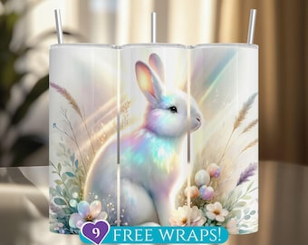 Iridescent Rabbit Tumbler Wrap: Bunny and Flowers 20 Oz Skinny Tumbler Sublimation PNG (Digital Download)