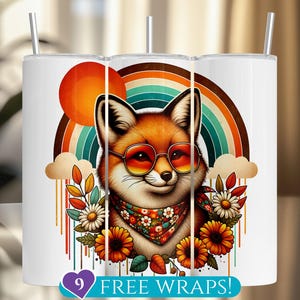 Retro Fox Tumbler Wrap, Autumn Floral 20 Oz Skinny Tumbler Sublimation PNG, Rainbow Fall Flower Design Digital Download, Fox Lover Gift