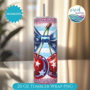 Envoltura para vaso de cerezas patrióticas, vaso delgado de 20 oz para el 4 de julio, sublimación PNG, diseño de cereza con lazo de estrellas para el 4 de julio, descarga digital imagen 5