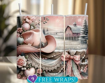 Pink Christmas Cowgirl Hat Tumbler Wrap: Western Coquette 20 Oz Skinny Tumbler Sublimation PNG (Digital Download)