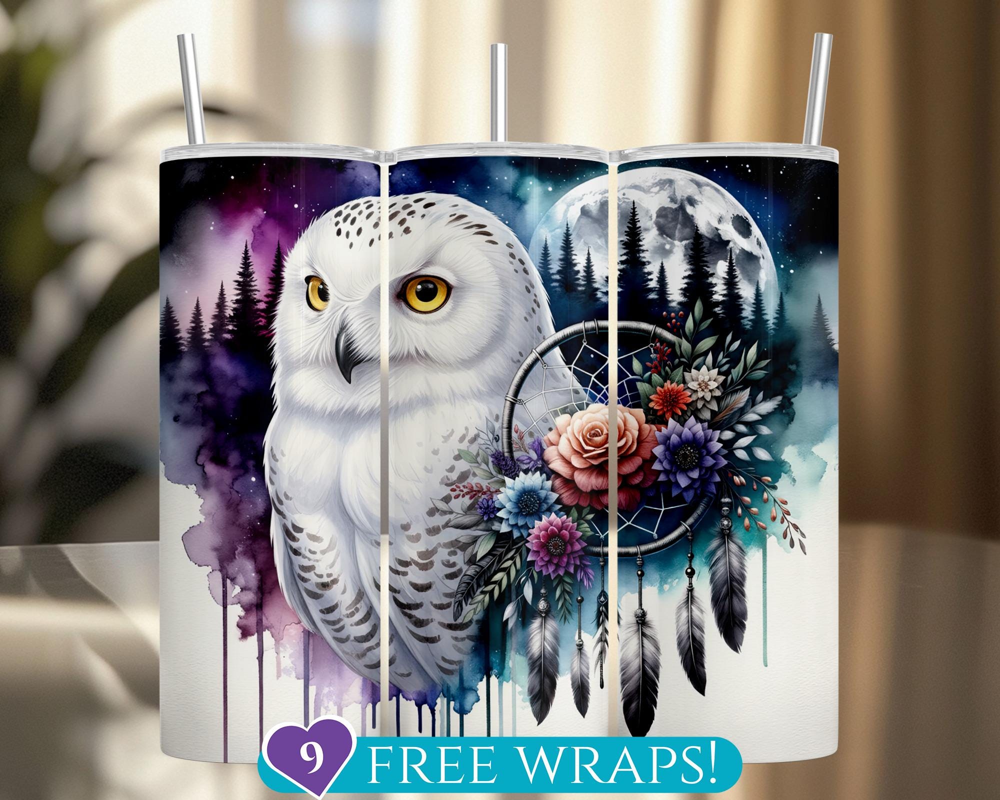 Mystical Snowy Owl Tumbler Wrap: Floral Dreamcatcher Full Moon Forest 20 Oz Skinny Tumbler (Sublimat