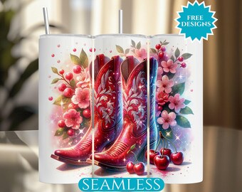Cowboy Boot Tumbler Wrap, 20 Oz Skinny Straight Tumbler Sublimation Design, Glitter Western Digital Download, Cowgirl Cherries Tumbler PNG