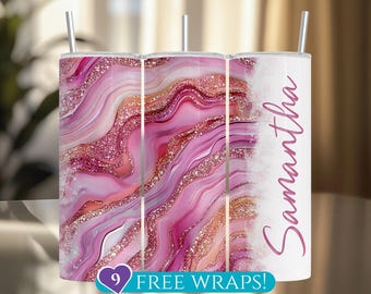 Personalisierte Pink Glitter Tumbler Wrap PNG, fügen Sie Ihren Namen Geode 20 Oz Skinny Tumbler Sublimation PNG, benutzerdefinierte Marmor Design Digital Download