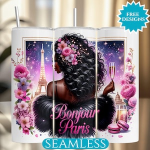 Paris Tumbler Wrap, Eiffel Tower France 20 Oz Skinny Tumbler Sublimation Design, Black Woman Tumbler Wrap, Instant Digital Download PNG