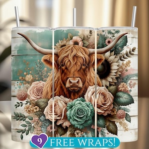 Highland Cow Art Tumbler, Floral Design Stainless Steel Cup, Insulated Travel Mug with Straw, Gift Idea