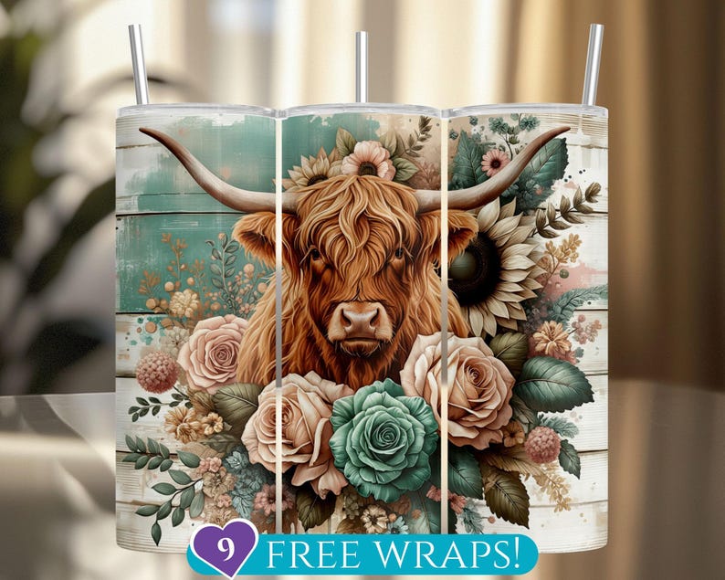 Highland Cow Art Tumbler, Floral Design Stainless Steel Cup, Insulated Travel Mug with Straw, Gift Idea
