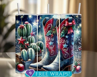Christmas Cactus Cowgirl Boots Tumbler Wrap: Western Winter Holiday 20 Oz Skinny Tumbler Sublimation PNG (Digital Download)