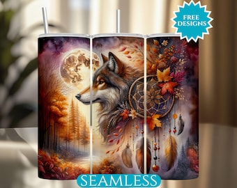May include: A stainless steel tumbler with a wraparound design featuring a wolf, dreamcatcher, and autumn foliage against a moonlit forest backdrop. The tumbler has a silver straw and the words "FREE DESIGNS" and "SEAMLESS" are visible.