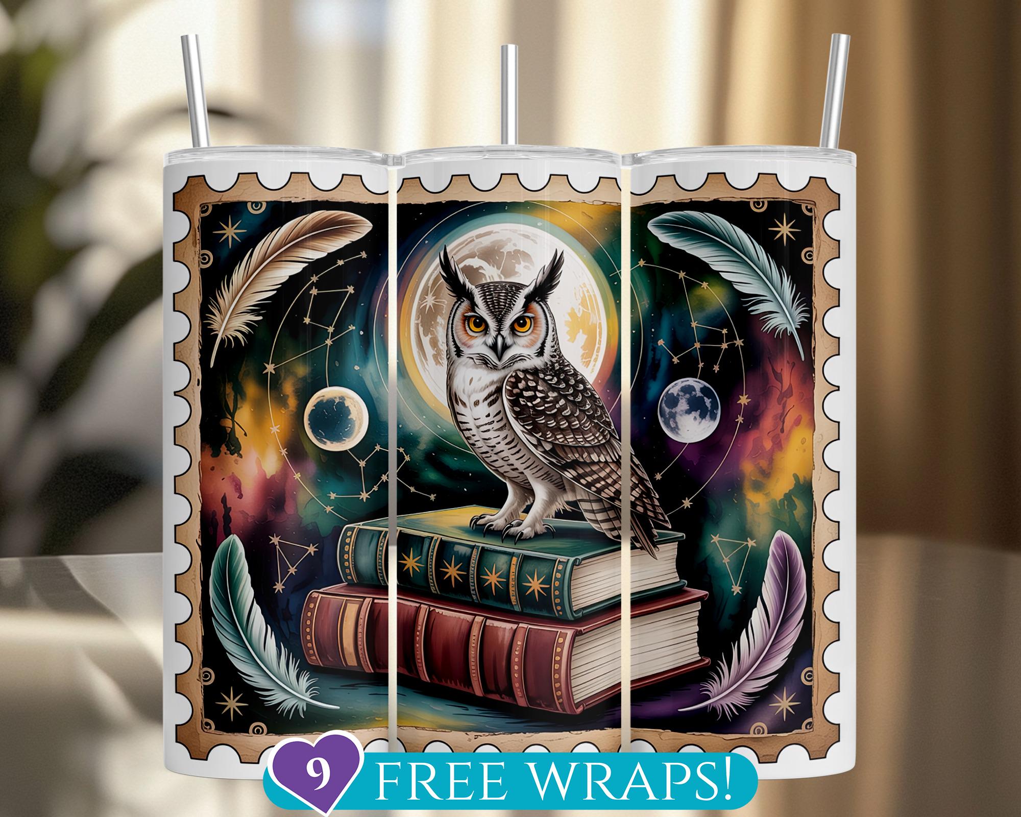 Owl Stamp Tumbler Wrap, Spirit Animal 20 Oz Skinny Tumbler Sublimation PNG, Full Moon Books Feathers