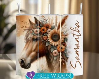 Personalized Boho Horse Tumbler Wrap, Add Name Flower 20Oz Skinny Tumbler Sublimation PNG, Western Floral Digital Download, Horse Lover Gift