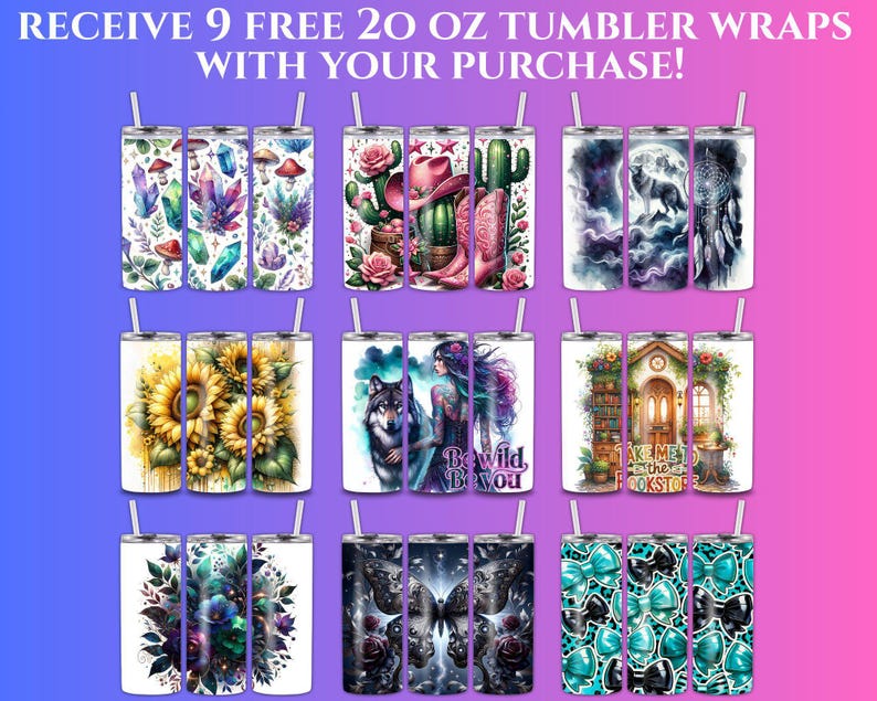 Set of 9 Tumbler Wraps 20 oz, Floral, Animal, Gothic, and Abstract Designs, Digital Download Tumbler Templates