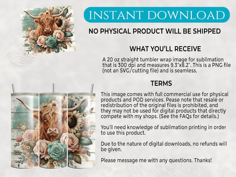 Highland Cow Floral Print Digital Download, Rustic Farmhouse Decor Artwork