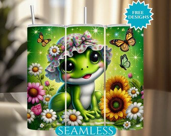 May include: A green tumbler featuring a cartoon frog wearing a floral bonnet, surrounded by sunflowers, daisies, and butterflies. The tumbler has a green background with the words "FREE DESIGNS" and "SEAMLESS".