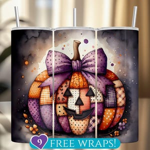 May include: A Halloween-themed tumbler featuring a watercolor-style pumpkin design. The pumpkin is adorned with a purple bow and patchwork patterns in orange, purple, and white. The tumbler includes a straw and the text "9 FREE WRAPS!"