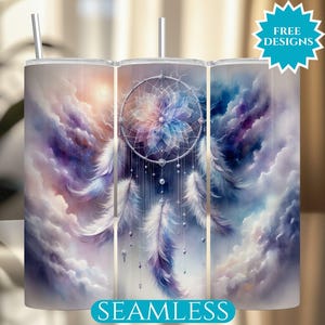May include: A stainless steel tumbler with a dreamcatcher design. The artwork features a dreamcatcher with feathers, set against a backdrop of clouds in shades of purple, blue, and white. The tumbler has a straw and the words "FREE DESIGNS" and "SEAMLESS".