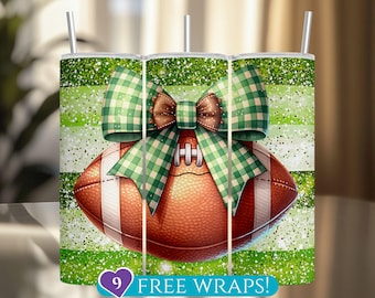Kokette Football Tumbler Wrap, niedlicher grüner Ginghambogen 20 Oz Skinny Tumbler Sublimation PNG, Glitter Plaid Football Design Digital Download