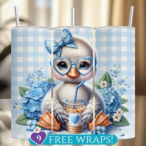 May include: A tumbler featuring a cartoon duckling with heart-shaped glasses and a blue bow. The duckling holds a coffee drink with a heart design. The background is a blue gingham pattern with blue flowers. The text "9 FREE WRAPS!" is at the bottom.
