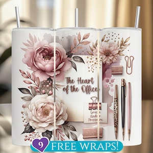 May include: White tumbler featuring floral designs in shades of pink and brown, with the text "The Heart of the Office." Includes a paper clip, pens, and the words "Grace Under Pressure."