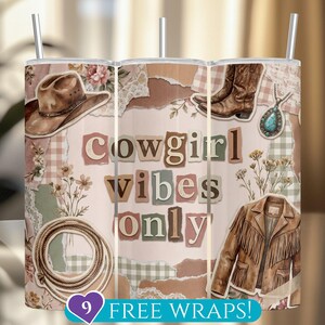 Cowgirl Vibes Only Tumbler Wrap: Gingham Boho Country Western 20 Oz Skinny Tumbler Sublimation PNG (Digital Download)