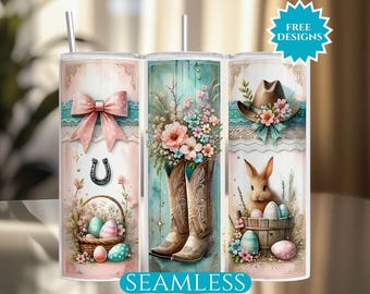 Cowgirl Easter Tumbler Wrap, Western Tumbler Wrap, 20Oz Skinny Straight Tumbler, Cowgirl Boots Sublimation PNG, Shabby Chic Seamless Tumbler