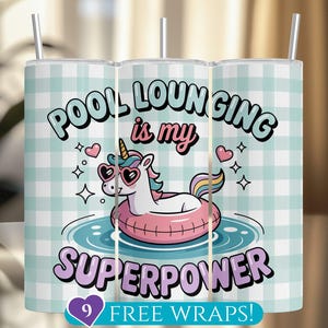 Swimming Pool Tumbler Wrap, Funny Pool Lounging 20 Oz Skinny Tumbler Sublimation PNG, Cute Unicorn Summer Pool Party Design Digital Download