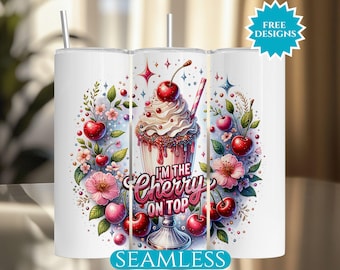 Milkshake Tumbler Wrap, 20Oz Skinny Tumbler Sublimation Design, Digital Download, Seamless Tumbler Wrap, Cherry Tumbler Wrap, Cherries PNG
