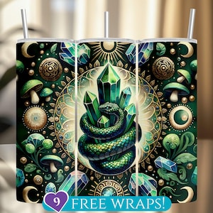 May include: A green, gold, and white tumbler with a snake wrapped around green crystals. The snake is green with black scales. The background is a mandala pattern with green, gold, and white colors. The tumbler has a black lid and a clear straw. The text "9 FREE WRAPS!" is printed on the bottom of the image.