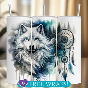 May include: Three stainless steel tumblers with a white wolf, a blue and green watercolor background, and a dreamcatcher with feathers. The tumblers are for sublimation and have a white background.