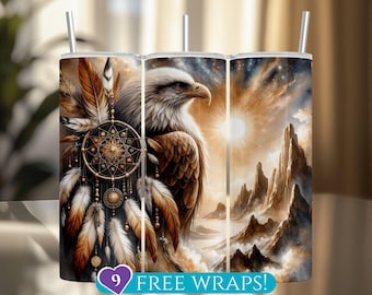 Mystical Eagle Tumbler Wrap, Dreamcatcher 20 Oz Skinny Tumbler Sublimation PNG, Desert Sun and Mountains Design, Southwest Digital Download