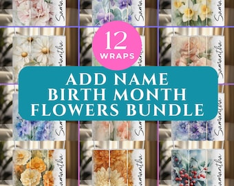 Personalized Birth Month Flower Tumbler Wrap Bundle, Add Name Floral 20Oz Skinny Tumbler Sublimation PNG, 12 Custom Designs Digital Download