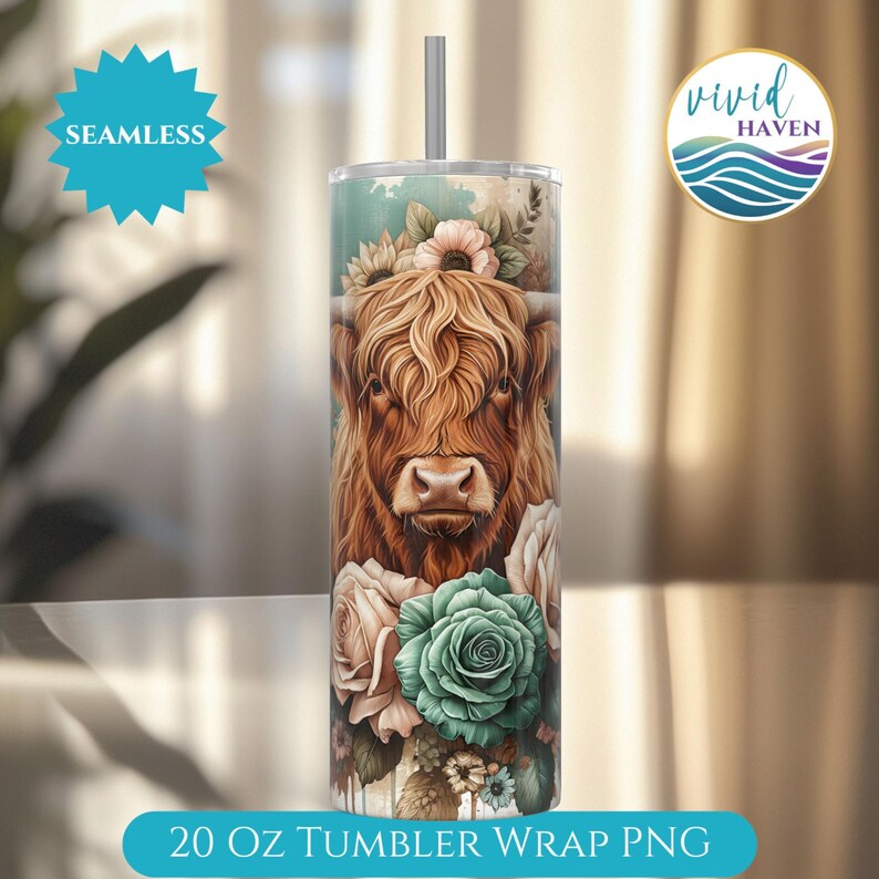 Boho Highland Cow Tumbler Wrap, Rustic Flowers 20 Oz Skinny Tumbler Sublimation PNG, Western Farmhouse Floral Wood Design Digital Download image 5