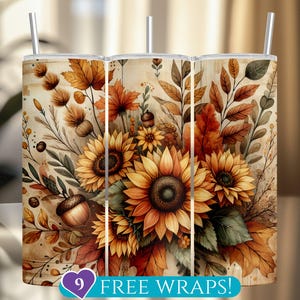 Rustic Sunflower Tumbler Wrap, Autumn Flowers 20Oz Skinny Straight Tumbler Sublimation PNG, Fall Leaves Acorn Floral Design Digital Download