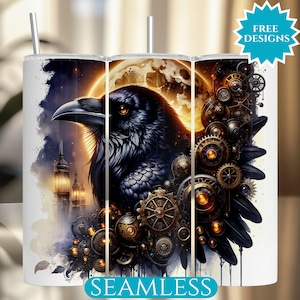 Raven Steampunk Tumbler Wrap, Seamless 20 Oz Skinny Tumbler Sublimation Design, Digital Download, Full Moon Raven PNG, Crow Tumbler Wrap