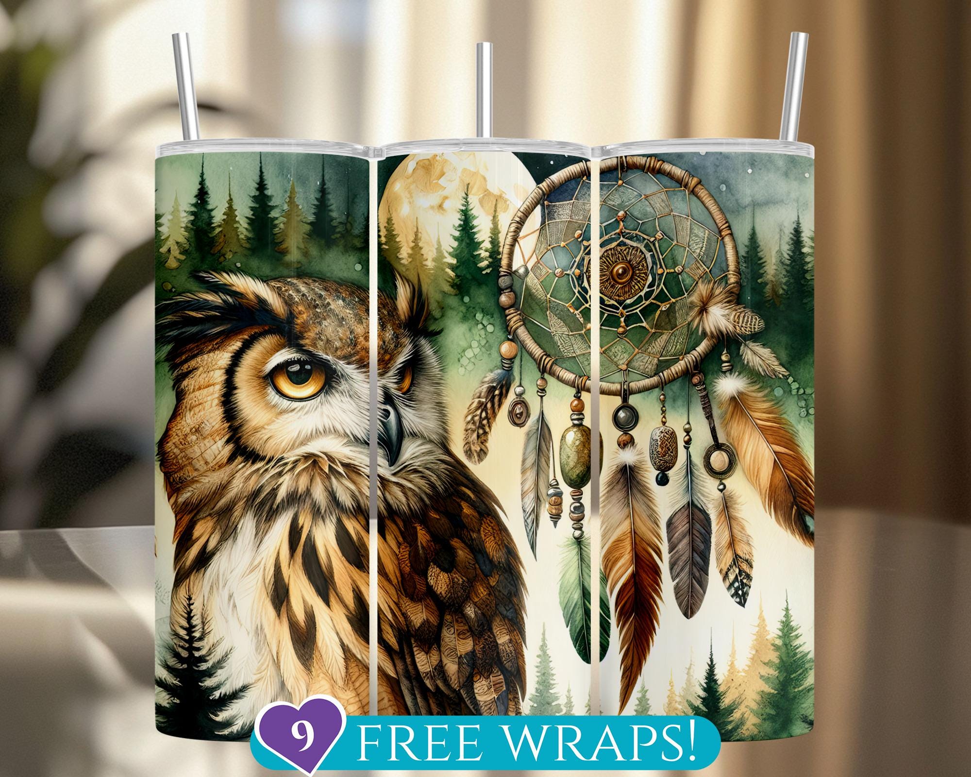 Forest Owl and Dreamcatcher Tumbler Wrap, Spirit Animal PNG, Seamless 20Oz Skinny Tumbler Sublimatio
