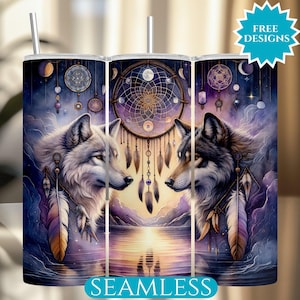 May include: A stainless steel tumbler featuring a detailed illustration of two wolves facing each other, with a dreamcatcher between them. The design includes feathers, moons, and stars, set against a purple and blue landscape. The text "FREE DESIGNS" and "SEAMLESS" are also visible.