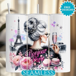 Paris Tumbler Wrap, Eiffel Tower France 20 Oz Skinny Tumbler Sublimation Design, Gray Haired Woman Tumbler Wrap, Digital Download PNG