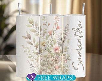 Personalized Wildflower Tumbler Wrap, Add Your Name 20 Oz Skinny Tumbler Sublimation PNG, Custom Boho Floral Tumbler Design Digital Download