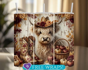 Envoltura para vaso de vaca otoñal de las Tierras Altas, vaso delgado de 20 oz con diseño floral rústico otoñal sublimado PNG, diseño de vaquera de calabaza, descarga digital