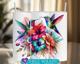 May include: White tumbler featuring a vibrant watercolor design of two hummingbirds and colorful flowers. The birds have iridescent feathers, and the flowers are in shades of pink, red, blue, and orange. The text "9 FREE WRAPS!" is at the bottom.