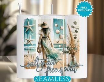 Boho-strandthema Tumbler Wrap, Ocean 20Oz Skinny Tumbler Sublimatie PNG, Zomer Tumbler digitale download, Salty Air Free Spirit Tumbler