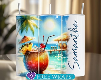 Personalized Tropical Drink Tumbler Wrap, Add Name Ocean Beach Cocktail 20 Oz Skinny Tumbler Sublimation PNG, Summer Vibes Digital Download