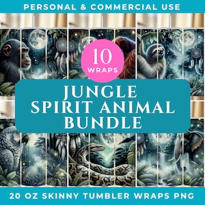 Puede incluir: Un conjunto de 10 diseños para vasos delgados con animales de la jungla. Los diseños muestran animales como un chimpancé, un perezoso y un elefante, sobre un fondo de jungla iluminada por la luna. El texto dice "JUNGLE SPIRIT ANIMAL BUNDLE" y "20 OZ SKINNY TUMBLER WRAPS PNG".