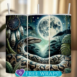 May include: Three stainless steel tumblers with a wraparound design featuring a snake, dreamcatcher, and a full moon in a jungle setting. The tumblers have a silver straw and the text "9 FREE WRAPS!" at the bottom.